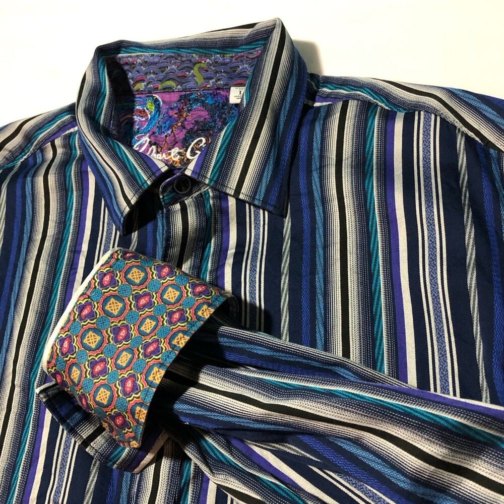 Robert Graham blue purple stripe flip cuff classic fit long sleeve sport shirt L